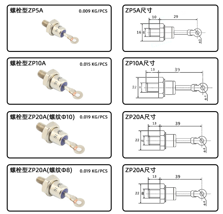 Tubo de control de diodo en espiral: ZP5A / ZP10A / ZP20Aφ10 / ZP20A / ZP30A / ZP50A / ZP100Aφ16 / ZP200A / ZP300A / ZP400Aφ20 / ZP400Aφ30 / ZP500A / ZP600A