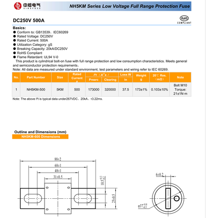 SINOFUSE NH5KM-500 500A DC250V Fuses (10 Pieces)