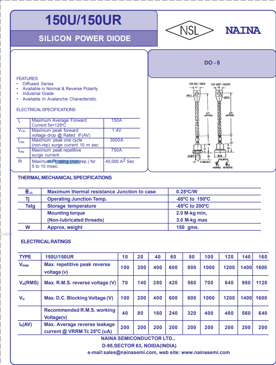 Diode control tube : 150U160 150UR160 / 100U160 100UR160 / 70U(R)120 72U(R)120 / 100UL120 100URL120 / 150UL120 150URL120