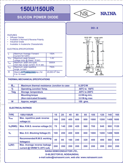 Diode control tube : 150U160 150UR160 / 100U160 100UR160 / 70U(R)120 72U(R)120 / 100UL120 100URL120 / 150UL120 150URL120