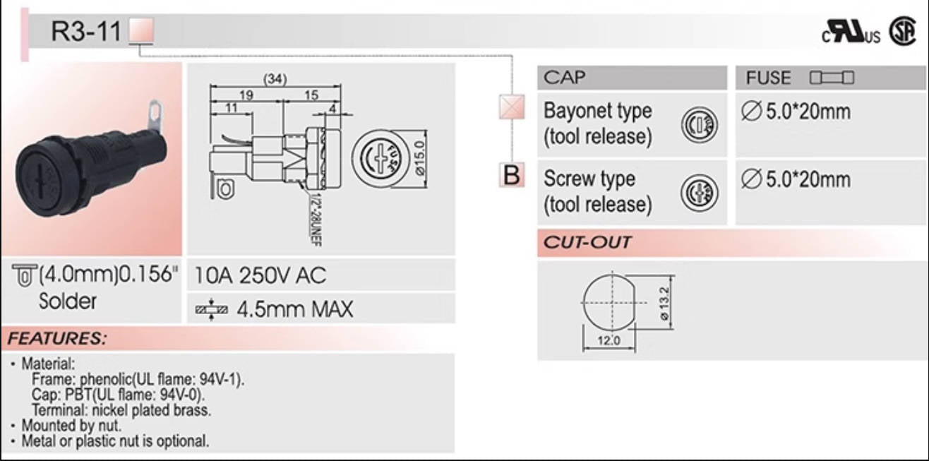 Base de fusibles: 5*20 toma de seguro en espiral 10A 250V / R3-11B (apto para fusibles 5*20)