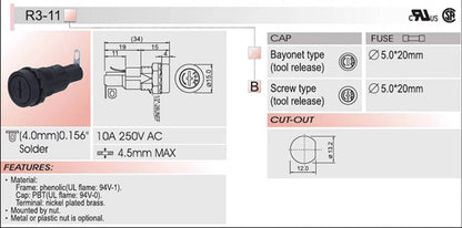 Base de fusibles: 5*20 toma de seguro en espiral 10A 250V / R3-11B (apto para fusibles 5*20)