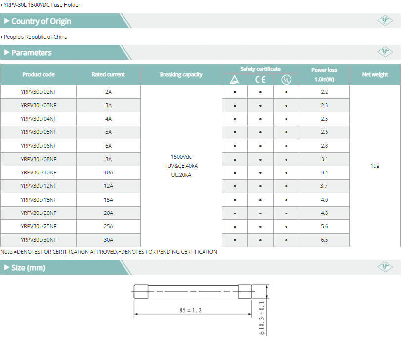 Yingrong YRPV-30L 3.5A 1500V 10x85mm Fuses (10 Pieces)