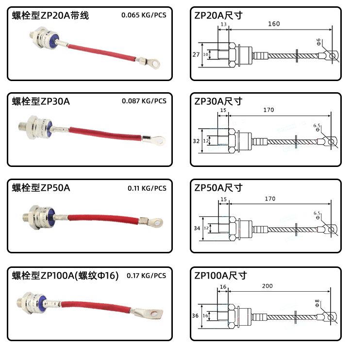 Tubo de control de diodo en espiral: ZP5A / ZP10A / ZP20Aφ10 / ZP20A / ZP30A / ZP50A / ZP100Aφ16 / ZP200A / ZP300A / ZP400Aφ20 / ZP400Aφ30 / ZP500A / ZP600A