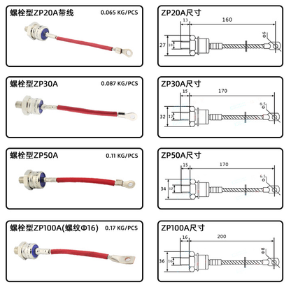 Tubo de control de diodo en espiral: ZP5A / ZP10A / ZP20Aφ10 / ZP20A / ZP30A / ZP50A / ZP100Aφ16 / ZP200A / ZP300A / ZP400Aφ20 / ZP400Aφ30 / ZP500A / ZP600A