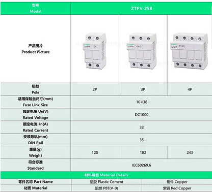 Portafusibles LKET ZTPV-25B DC1000V 10*38MM