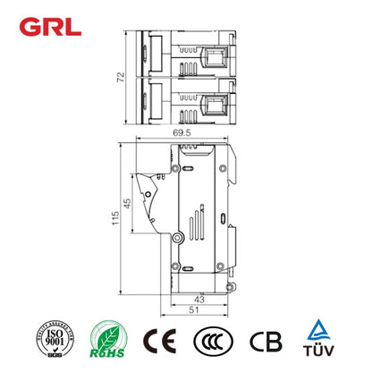 GRL RT18-125-2P Sicherungshalter der Größe 22*58 für DIN-Schienenmontage