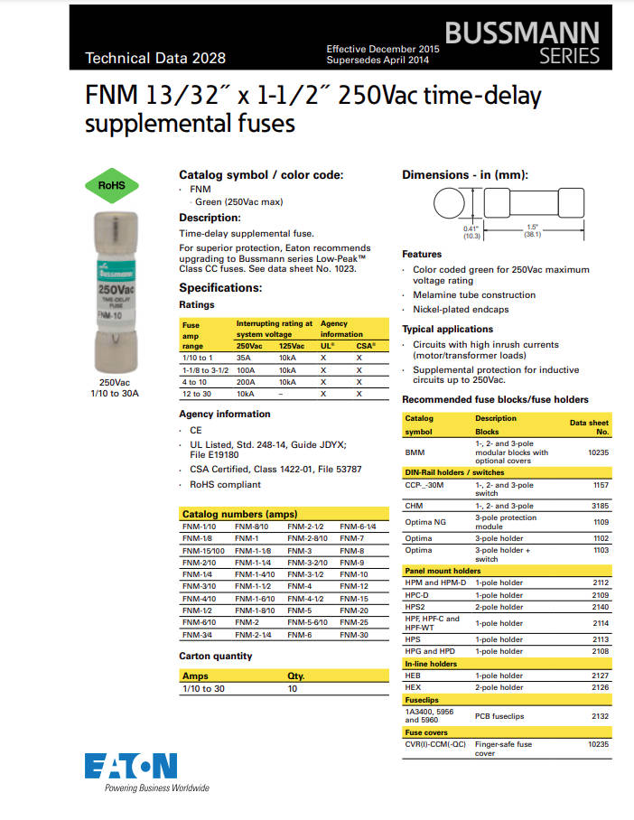 Bussmann FNM-15 15A 250V Fuses