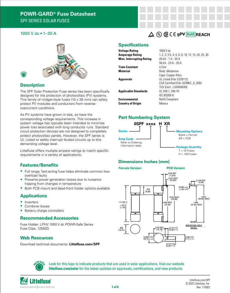 Fusibles LittelFuse SPF30 30A 1000VCC