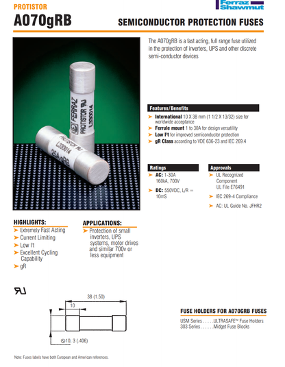 Mersen Electrical Protection Fuses - Premium Safety for Industrial Applications  Models: A070GRC01T13 Z330279, A070GRB1.25T13 X330001, A070GRB1.5T13 Y330002, A070GRB2T13 Z330003